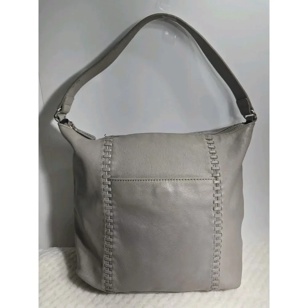 Tommy Bahama Gray Leather Hobo Shoulder Bag Whipstitch Zip Purse
